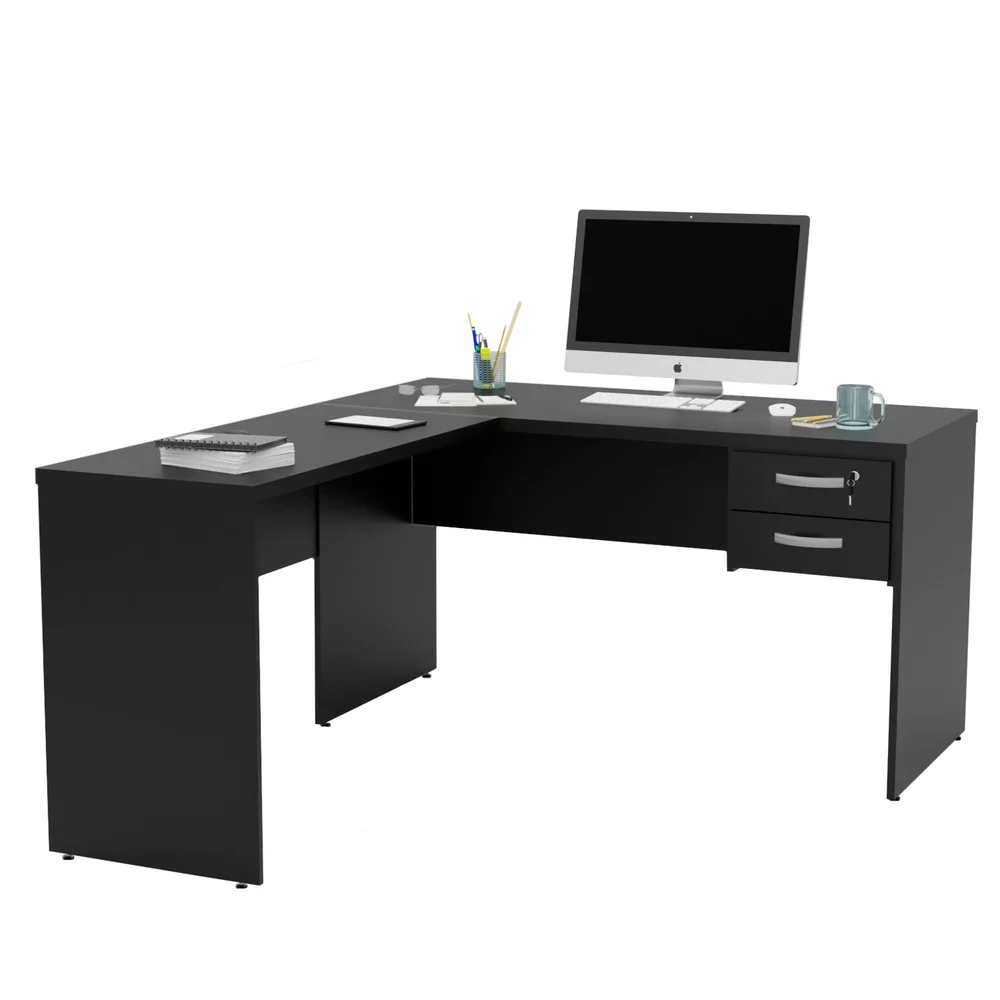 Mesa De Escritório Em L 1.40x1.50 Com Gaveteiro Tampo 30mm - Preto