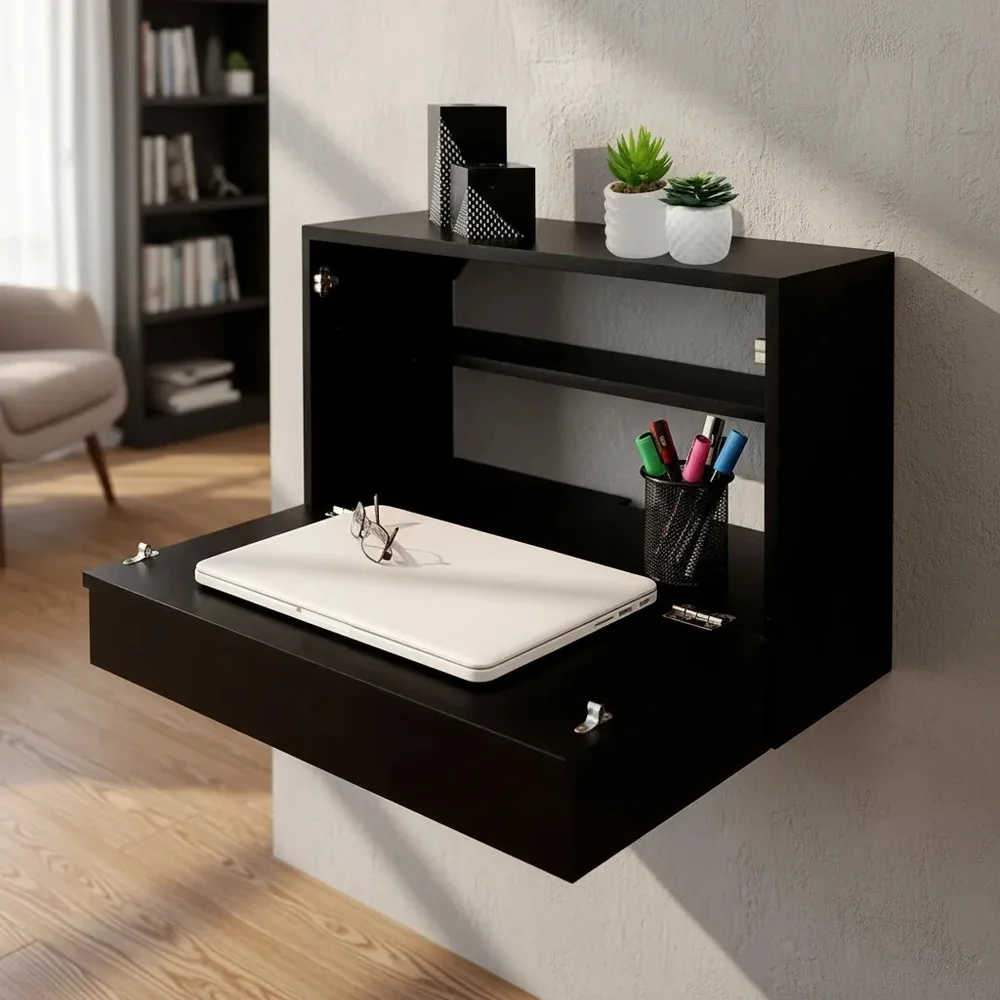 Escrivaninha Suspensa Formalivre, Compacta Com Gaveta, Mesa Para Notebook, Madeira Natural