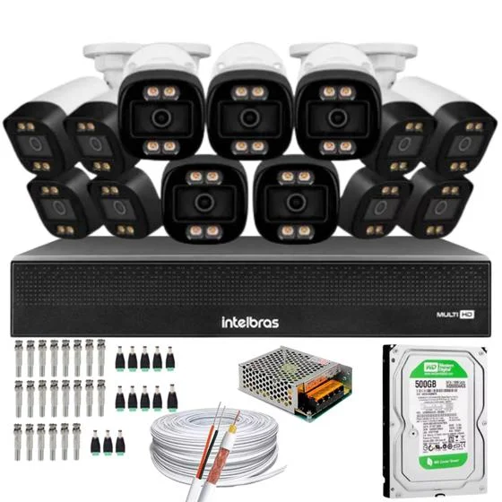 Kit 13 Câmeras Segurança Fullcolor Visão Noturna Colorida Dvr Intelbras 1016c Hd 500gb