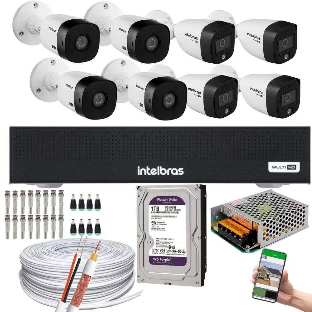 Kit Intelbras, 8 Câmeras VHD 1220B Full Color, Bullet FULL HD 1080p, 20m + DVR Mhdx 3008, Multi HD IR