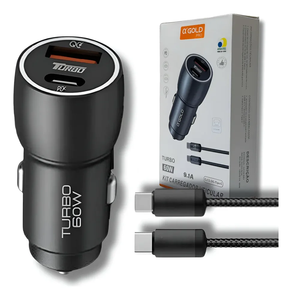 Carregador Veicular Turbo 60w Kit Com Cabo Carro Automotivo Preto