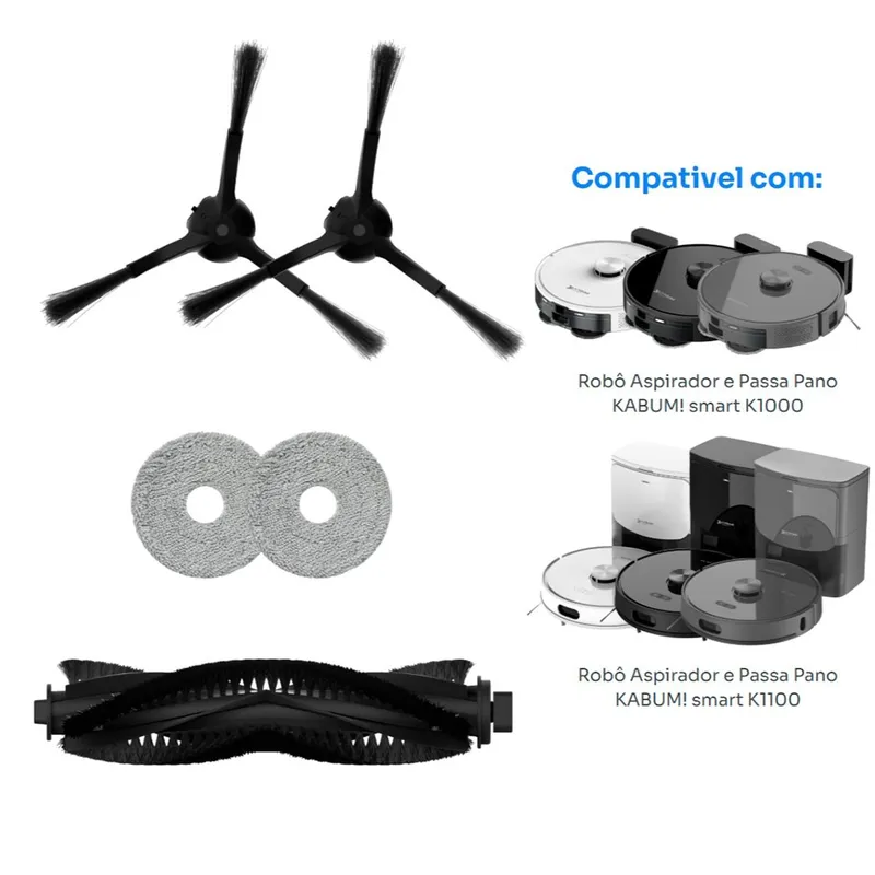 Kit reposição para Robô Aspirador KABUM! smart K1000/K1100 - 1 Escova Rotativa +2 MOPs +2 Escovas Laterais - KSHPR424
