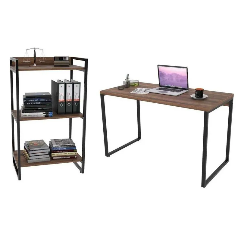 Conjunto Escritório Mesa 120cm E Estante 3 Prateleiras Nogal