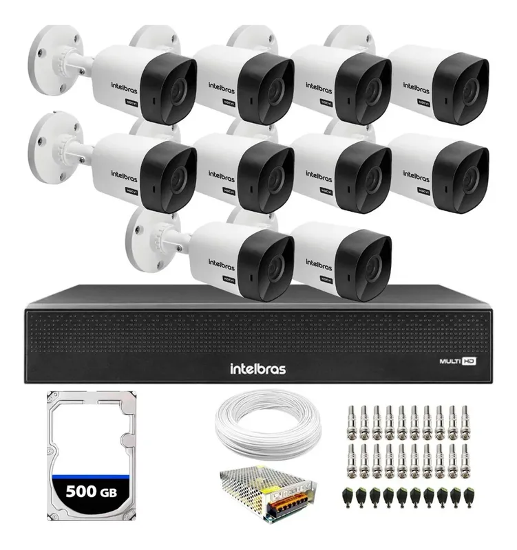Kit 10 Câmeras Segurança Intelbras 1120B, DVR Intelbras 16 Canais + HD 500GB