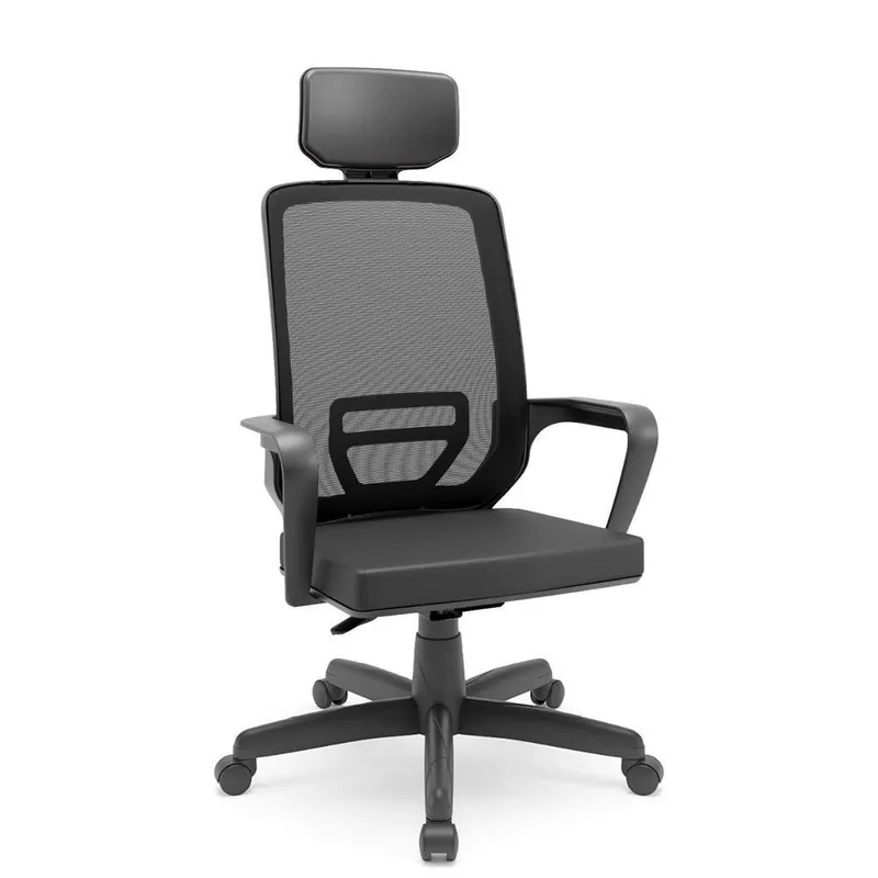 Cadeira Escritório Presidente PLX B122, Mecanismo Relax, Encosto Tela E Assento Couro Ecológico, Preto, Com Apoio De Cabeça