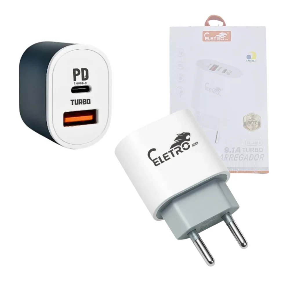 Fonte Carregador 9.1a Com 02 Portas Usb E Tipo-c 40w Turbo