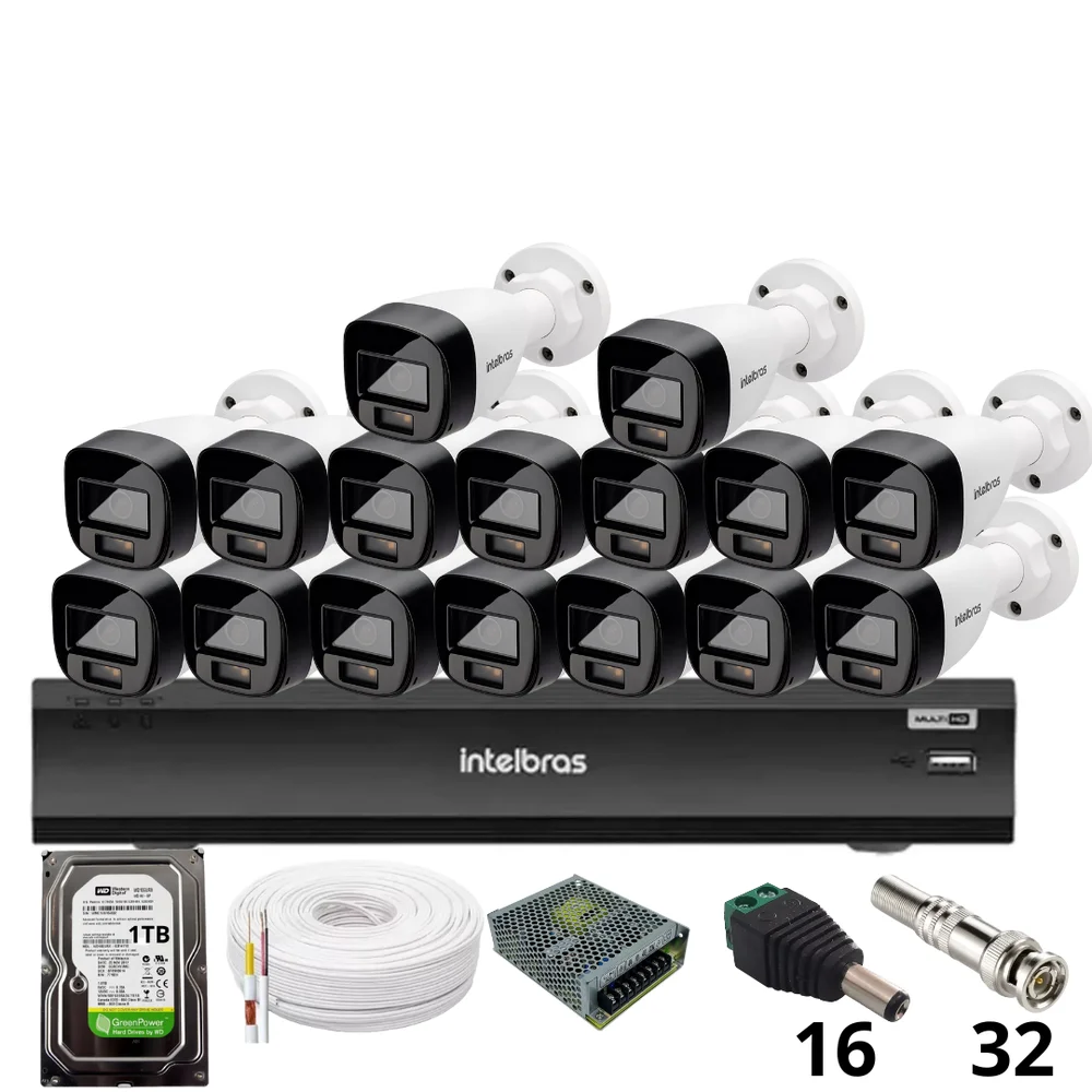 Kit 16 Câmeras Intelbras 1220b Full Color Dvr Intelbras Imhdx 3132 Inteligência Artificial Hd 1TB.