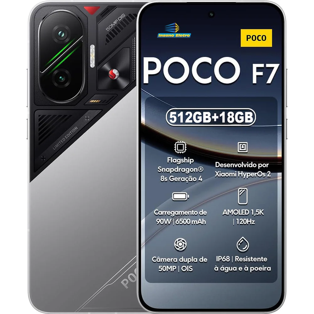 Smartphone Xiaomi POCO F7 (5G), 512gb, 12GB+06GB RAM (18GB RAM), Dual SIM, Tela 6.83" Flow AMOLED 1.5H 120Hz, Snapdragon 8s Gen 4, Carga Turbo de 90W, IP68, NFC, Versão Global - Prata (Cyber Silver) * Edição Limitada