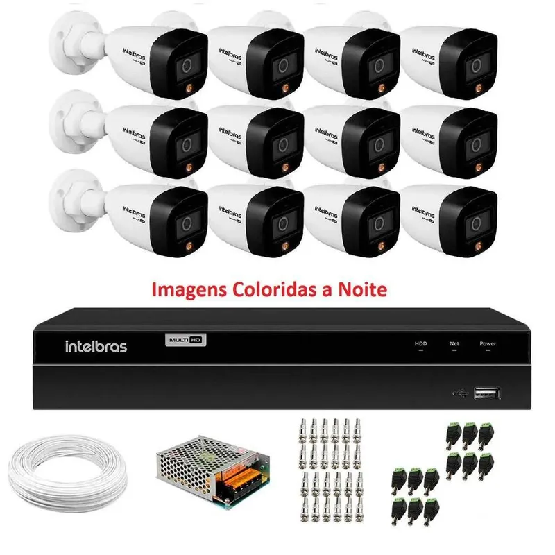 Kit Intelbras, 12 Câmeras VHD 1220B, Full Color, Bullet FULL HD 1080p, 20m + DVR Mhdx 1216, Multi HD IR