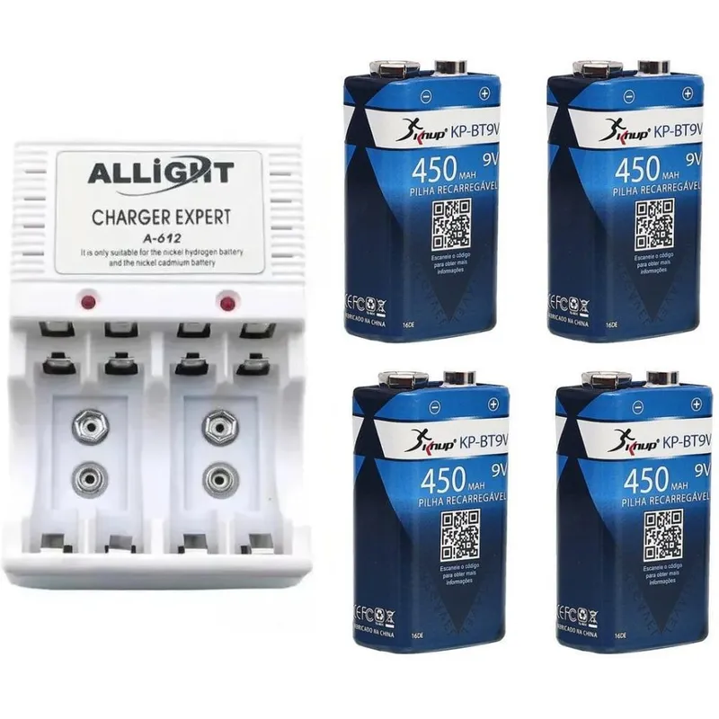 Kit Knup com Carregador De Pilhas e Bateria + 4 Baterias 9v Recarregáveis, Plug Articulado, Bivolt