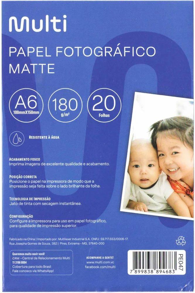 Papel Fotográfico Matte 10x15cm 180g 20 Folhas Multilaser Pe047