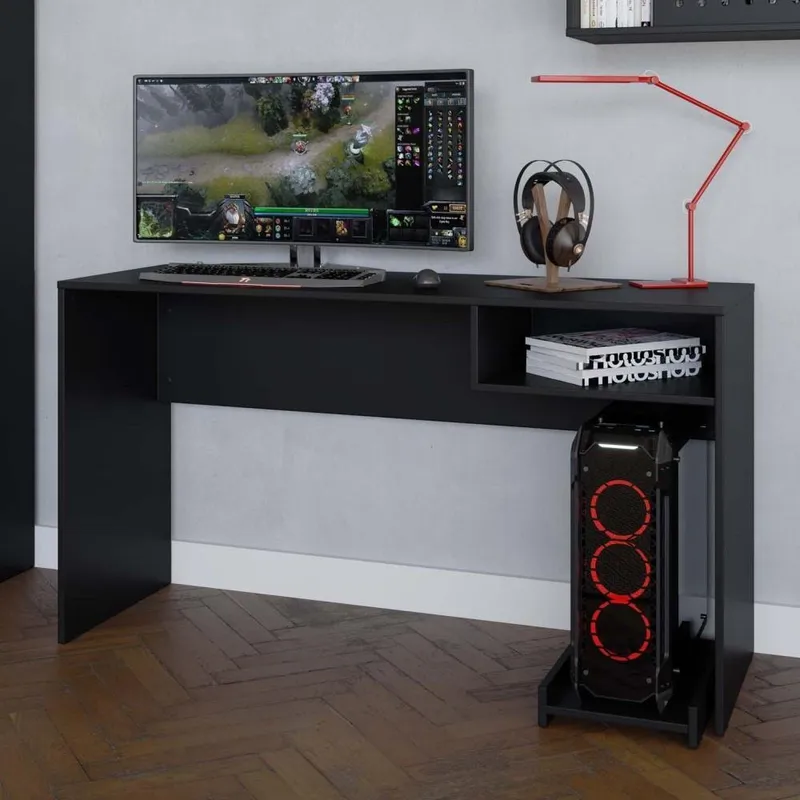 Mesa Caemmum Escrivaninha Gamer Pixel, P/ Computador, C/ Apoio Para CPU, 1 Nicho, Quarto, Preto