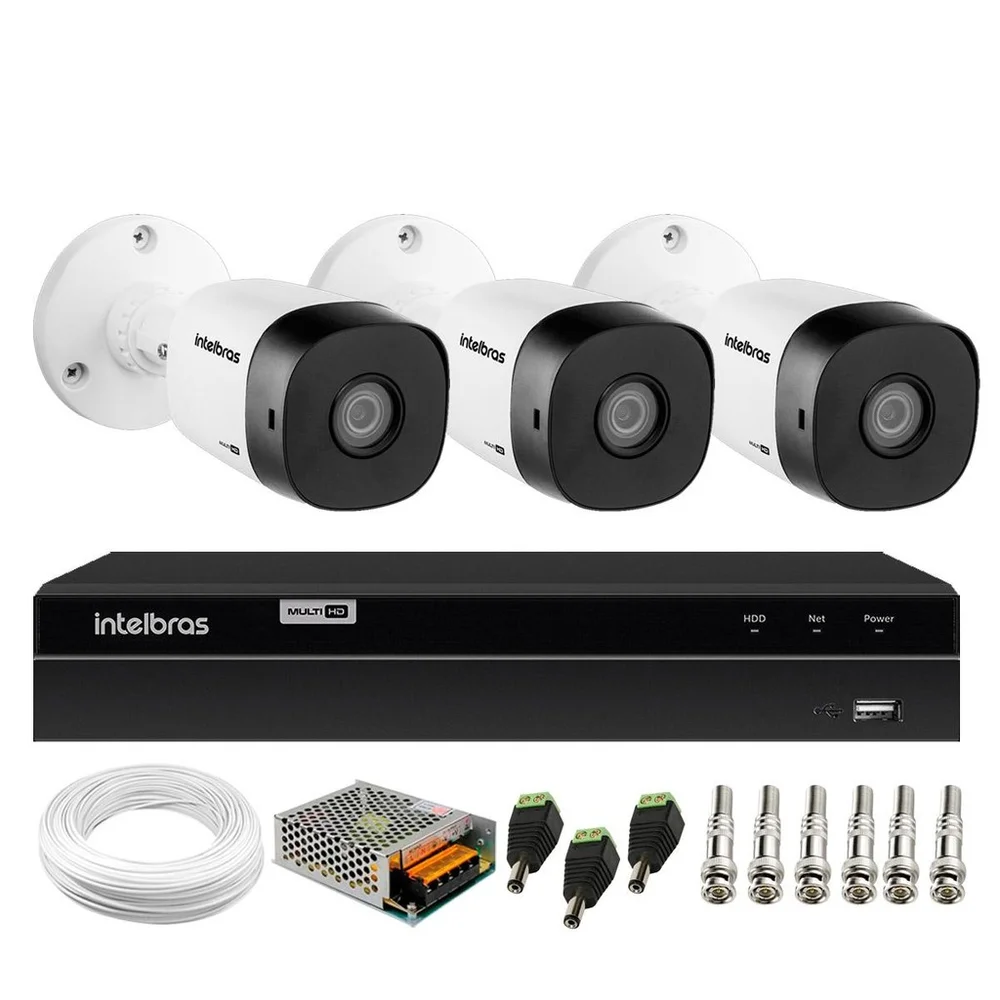Kit 3 Câmeras Bullet Hd 720p Vhl 1120 B Infra 20m Dvr Gravador De Video Intelbras Mhdx 1204 4 Canais