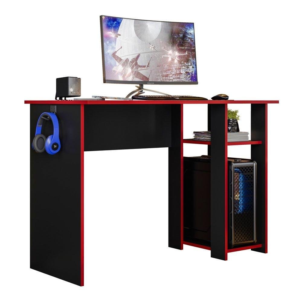Mesa Computador Gamer 108 Cm Slim Com Suporte - Ssx Multicoisas - Preto/vermelho