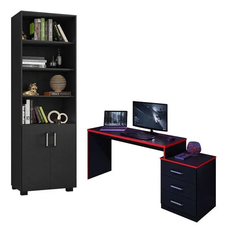 Mesa Para Computador Gamer Drx 5000 E Livreiro Office Com Portas Pequenas Preto Trama Vermelho.