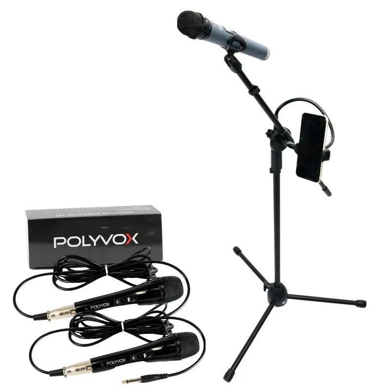 Kit Pedestal Tripé Universal Para Microfone Com Suporte P/ Celular + 2 Microfones Com Fio