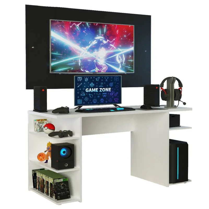 Mesa Para Computador Gamer E Painel Até 58, Madesa - Branco/preto