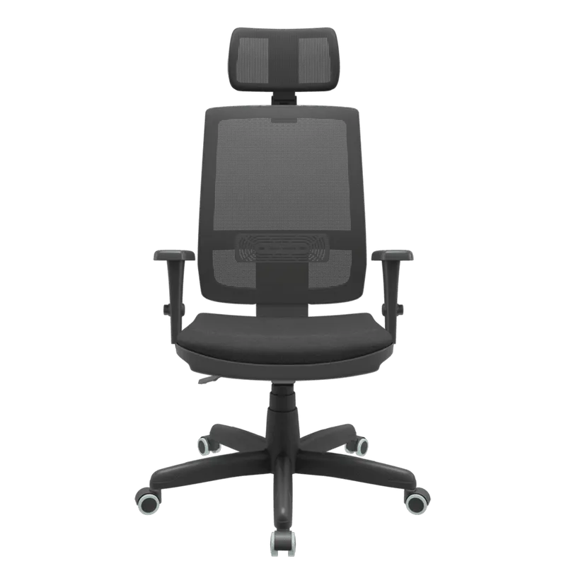Cadeira Office Plaxmetal Presidente Brizza, até 120kg, Giratória, Backsystem Nr17, Com Braço 3D, Apoio De Cabeça, Assento Poliéster, Preta