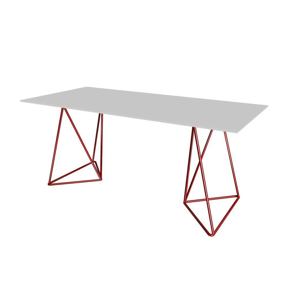 Escrivaninha De Vidro Bela Vista Cavalete Base Ferro Vermelho - Cor: Branco