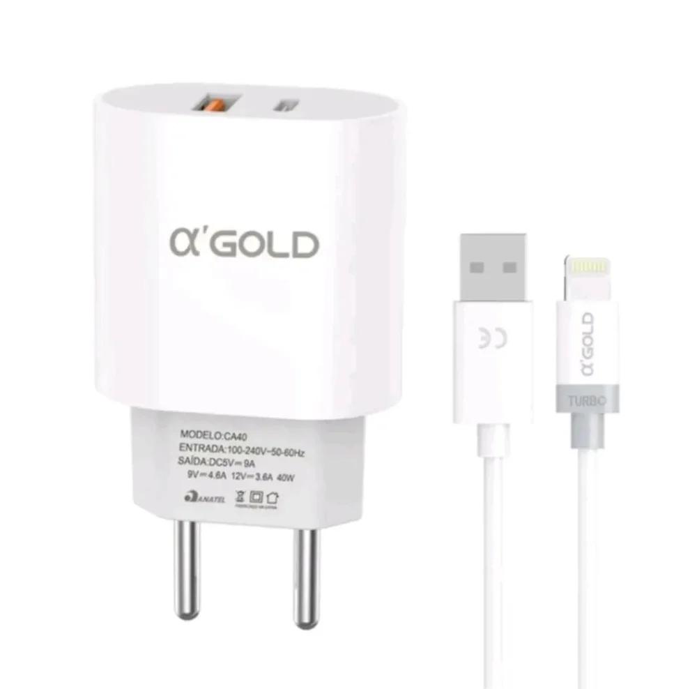 A'gold Kit Turbo Carregador Fonte +cabo Ios Iphone E Tipo-c 30w