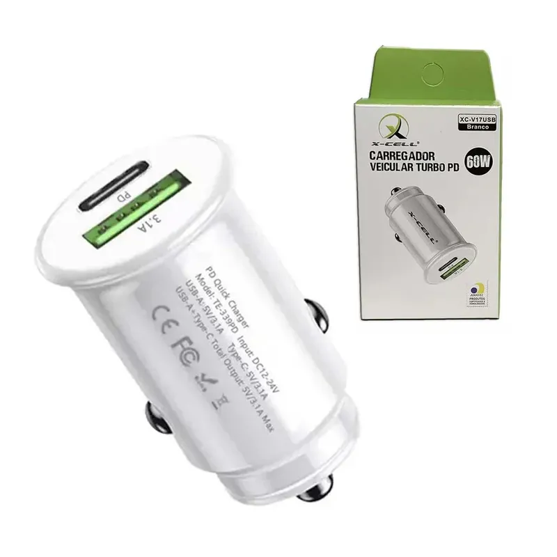 Carregador Veicular Turbo Usb C E Usb 60w Pd X-cell Branco