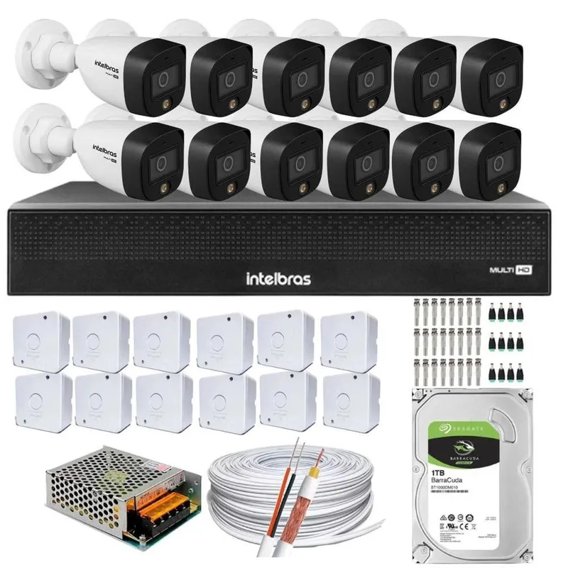 Kit 12 Cameras 1220 Intelbras, FULL Color, Dvr, Mhdx 16 Ch, Color Noite