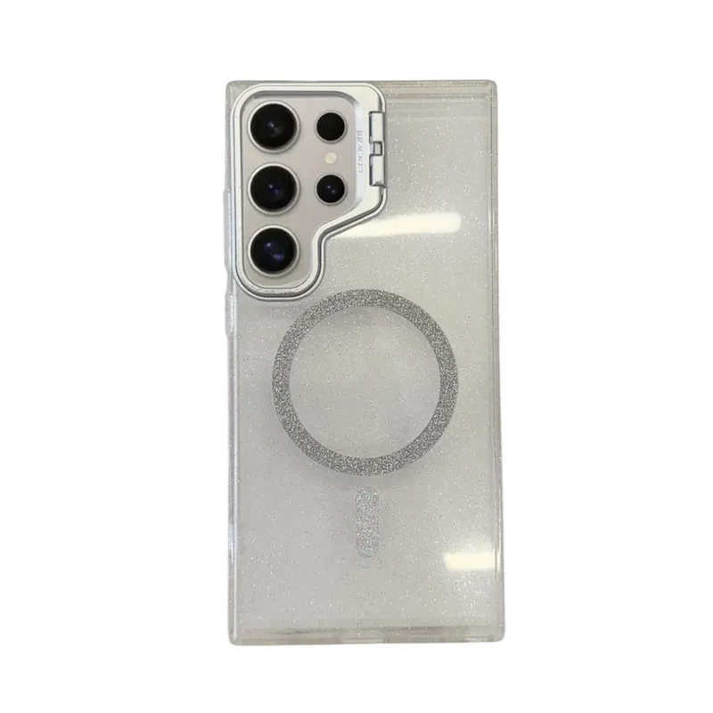 Capa Capinha Case Brilho Glitter Luxo Premium Magsafe Magnética Com Suporte Braket Para Samsung S23 Ultra - Branco