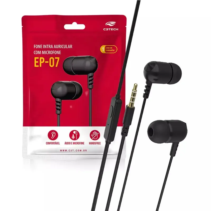 Fone De Ouvido Intra Ep-07bk C3tech P3 Jack 3.5mm Preto