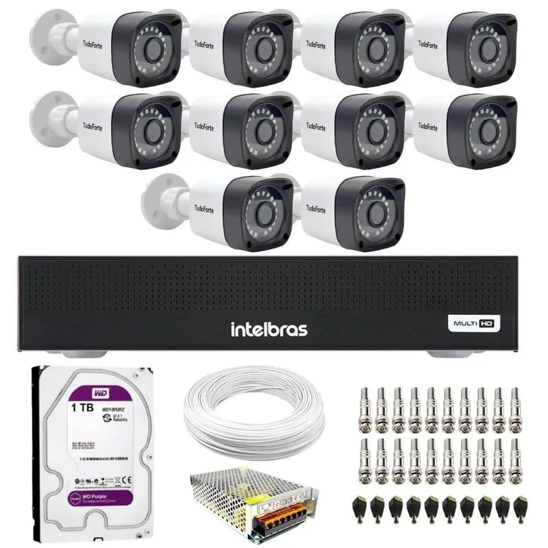 Kit 10 Câmeras Tudo Forte TF 2020 B Full HD 1080p Bullet Visão Noturna 20M Proteção IP66 + Dvr Intelbras MHDX 3116-C 16 Canais