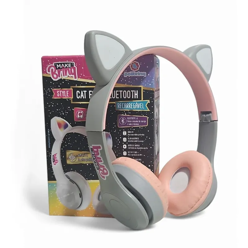 Fone Ouvido Bluetooth Infantil Mini Cat Fone Orelha Gato LED Cinza