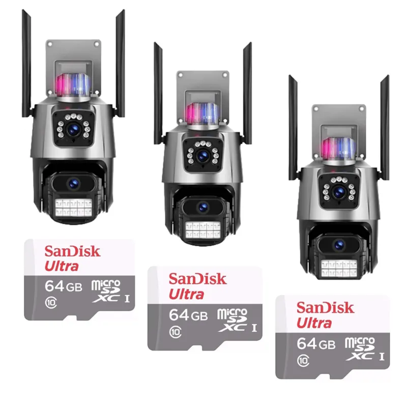 Kit 3 Câmera De Segurança Externa Lente Dupla 4k LED Sirene Policial Cartão 64gb
