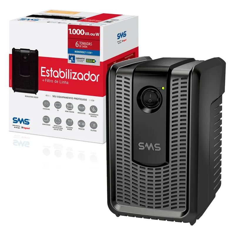 Estabilizador Sms Revolution Speedy 1000va, Entrada 115/127v, Saída 115v, 6 Tomadas - 16621
