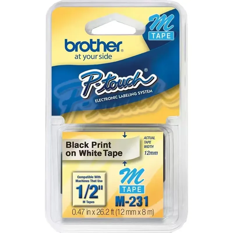 Fita Brother M-231 de 12mm x 8M, Preto sobre Branco