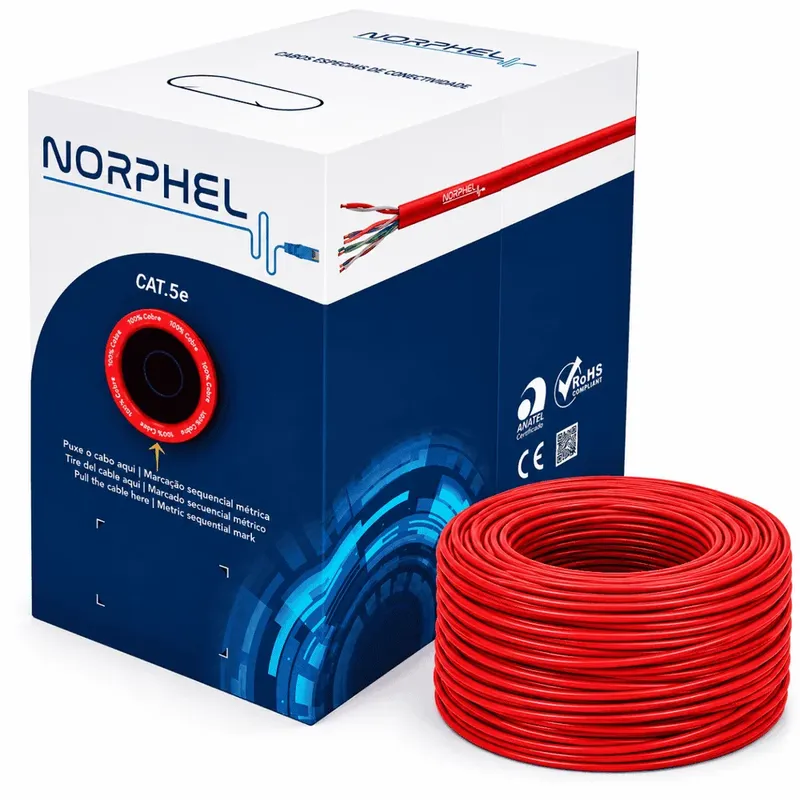 Cabo De Rede Cat5e Norphel 305m 100% Cobre Caixa De Cabo - Vermelho