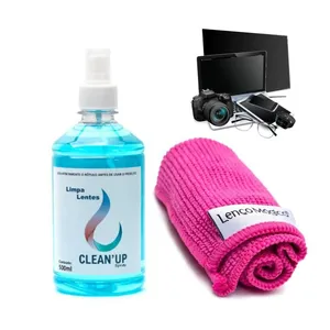 Kit 1 Microfibra 20x30cm + 1 Spray 500ml Limpa Telas Lentes Tv Monitor Notebook Cor Rosa