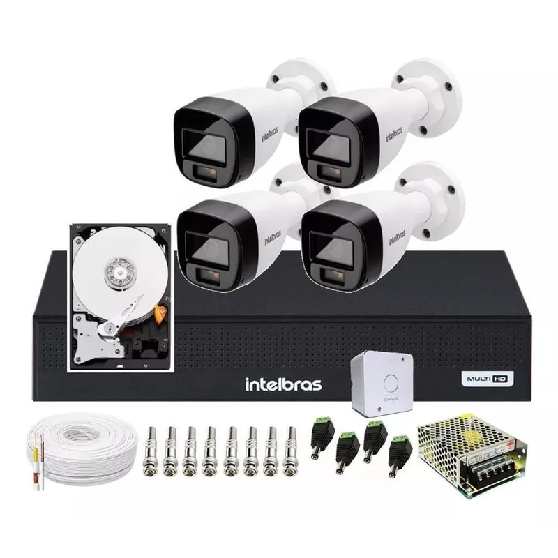 Kit 4 Cameras Intelbras 1120 Full Color, Colorido Noite E Dia, Dvr 4 Canais C/ Hd