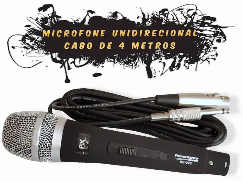 Microfone Temtec Unidirecional Profissional, Com Cabo 4m, Preto Prata