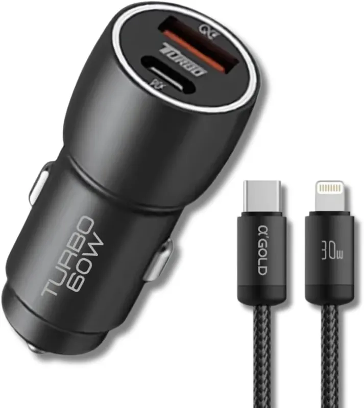 Carregador Veicular Turbo Para Automóvel 60w Duas Portas | Carregamento Ultra Rápido Usb 3.0 | 9,1a Entrada Usb E Tipo C | + Cabo Tipo C -lightining|