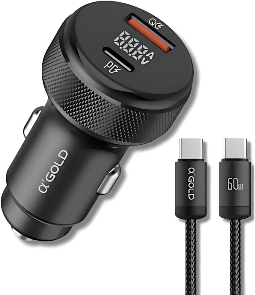 Carregador Veicular Turbo 60w Para Automóvel Carregador De Carro Duas Entradas Com Carregamento Super Rápido + Cabo Usb-c Premium Compatível Com Dispositivos Ios E Android