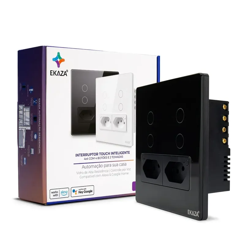 Interruptor 4 Botões + 2 Tomadas 10a 4x4 Wifi Preto Ekaza Ekat-t3075-4p