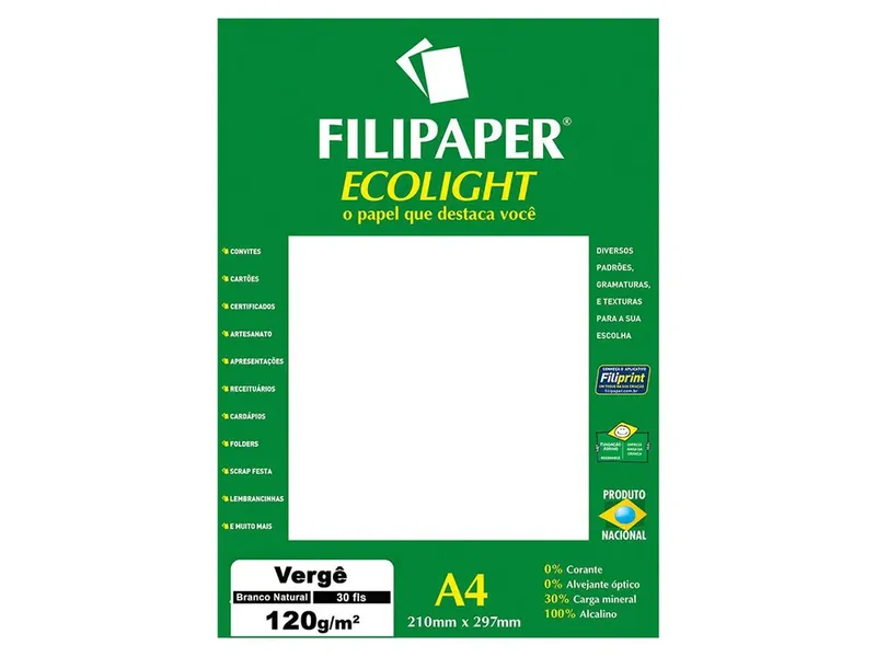 Papel Vergê Ecolight A4, 120 G, 30 Folhas, Filipaper - Branco Natural - 02084