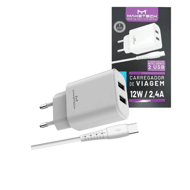 Carregador Tomada C/cabo Usb C Tipo C 2 Usbs 12w 2.4a Novo