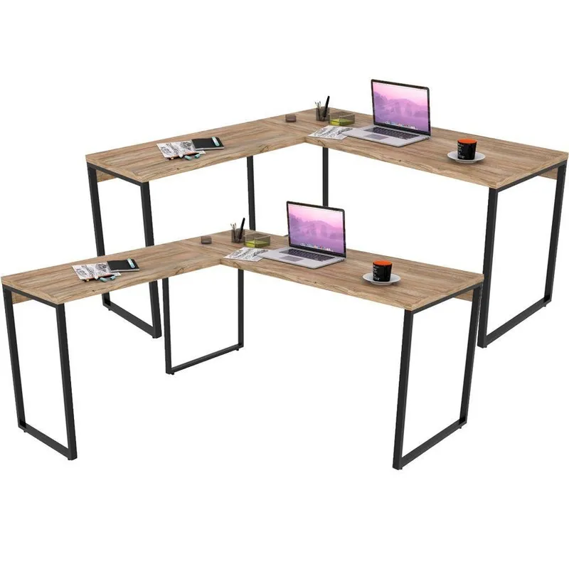 Kit 02 Mesas Para Escritório Home Office Estilo Industrial Em L Form C01 150x150cm Carvalho - Lyam Decor