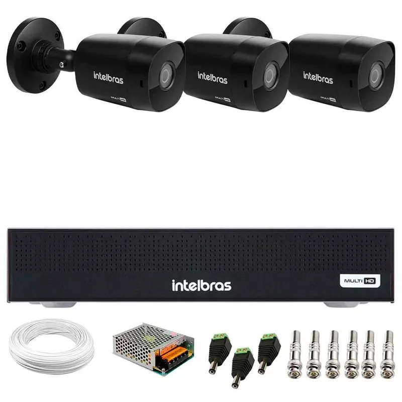 Kit 3 Câmeras Intelbras Vhd 1230 B Full Hd 1080p Black Visão Noturna 30m + Dvr Mhdx 1104-c 4 Canais