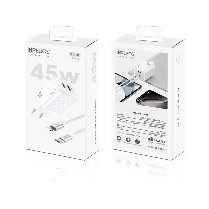 Carregador Hrebos Crg-218i White Chess 45w + Cabo Lghtng Branco