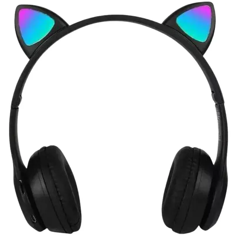 Fone Sem Fio Preto Dobrável Bluetooth Orelha Gatinho LED