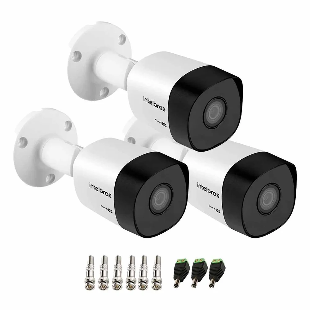 Kit 3 Câmeras Intelbras Vhd 3130 Bullet Hd 720p, Lente 3.6mm, Visão Noturna 30m, Ip67 + Conectores