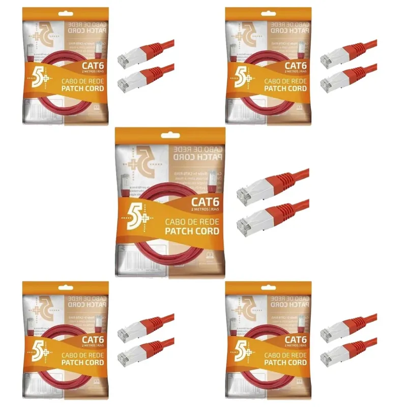 Kit 5 Cabo De Rede Patch Cord Cat6 Ftp Blindado 2m Vermelho