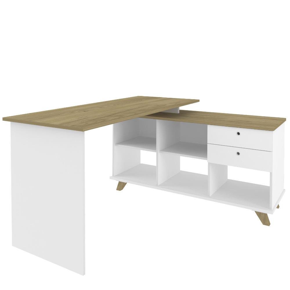 Mesa Para Escritório Home Office Escrivaninha Gold A02 Branco Olmo 02 Gavetas - Lyam Decor