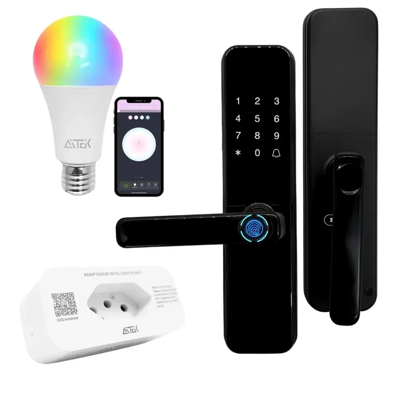 Kit Casa Inteligente Fechadura Digital Tomada Smart E Lâmpada RGB Wifi Alexa Google